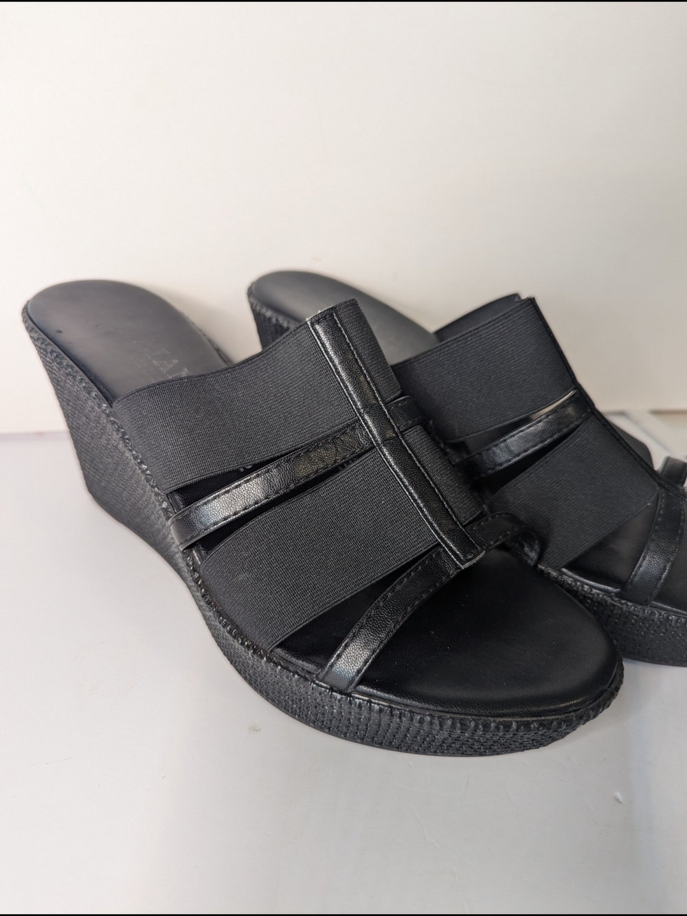 Italian Shoemakers Black Wedge Slide Sandals with Elastic Cross Straps